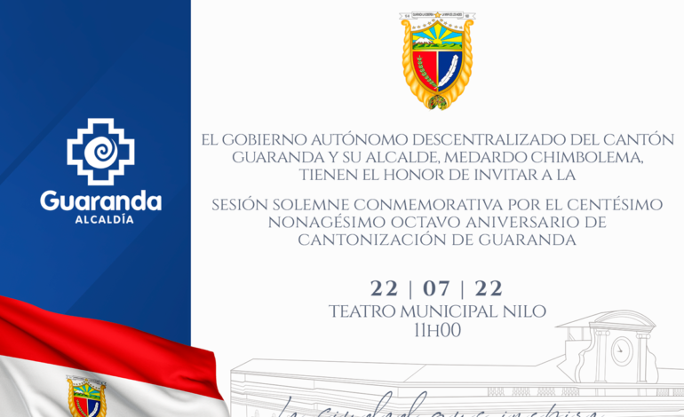 Comunicado | Sesión Solemne Conmemorativa por el Centésimo Nonagésimo Octavo Aniversario de Cantonización de Guaranda